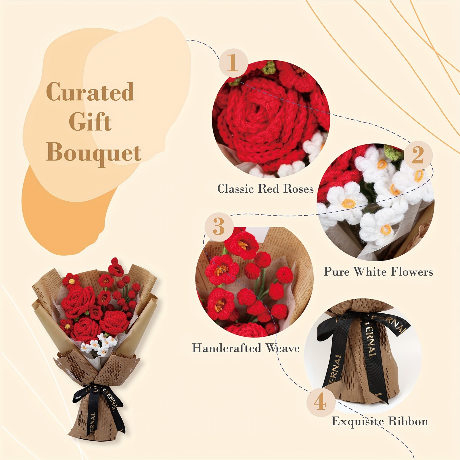 Crochet Knitted Flower Bouquet Handmade Faux Gift Mom Card Birthday Anniversary
