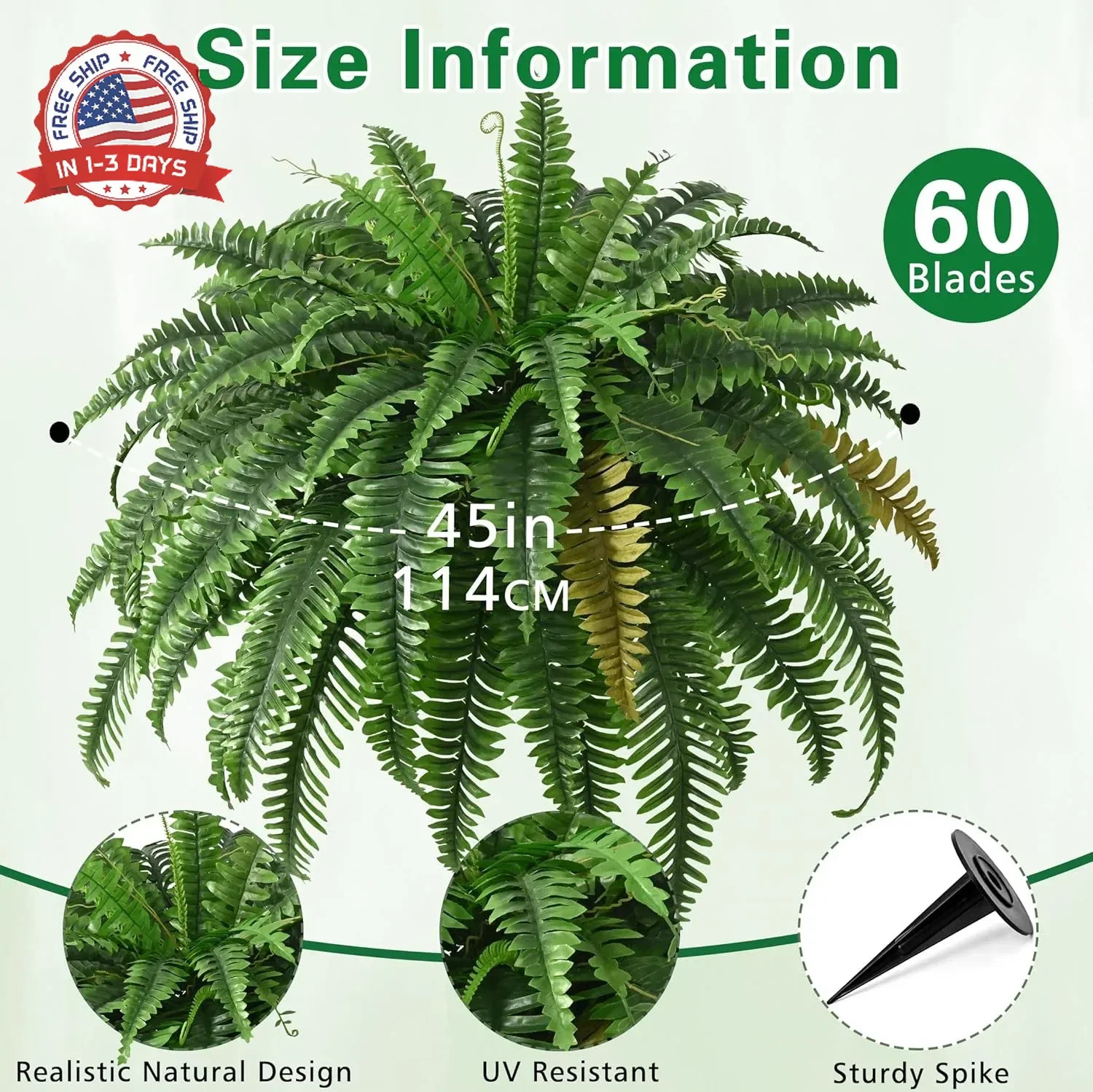 2PCS 45in Fake Ferns- Large Artificial Plants Outdoor, UV Resistant Artificial F