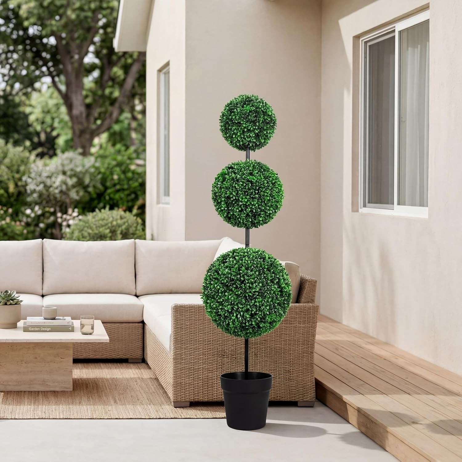 Artificial Boxwood Topiary Tree 4FT Triple Ball Faux Topiary Trees, Waterproo…