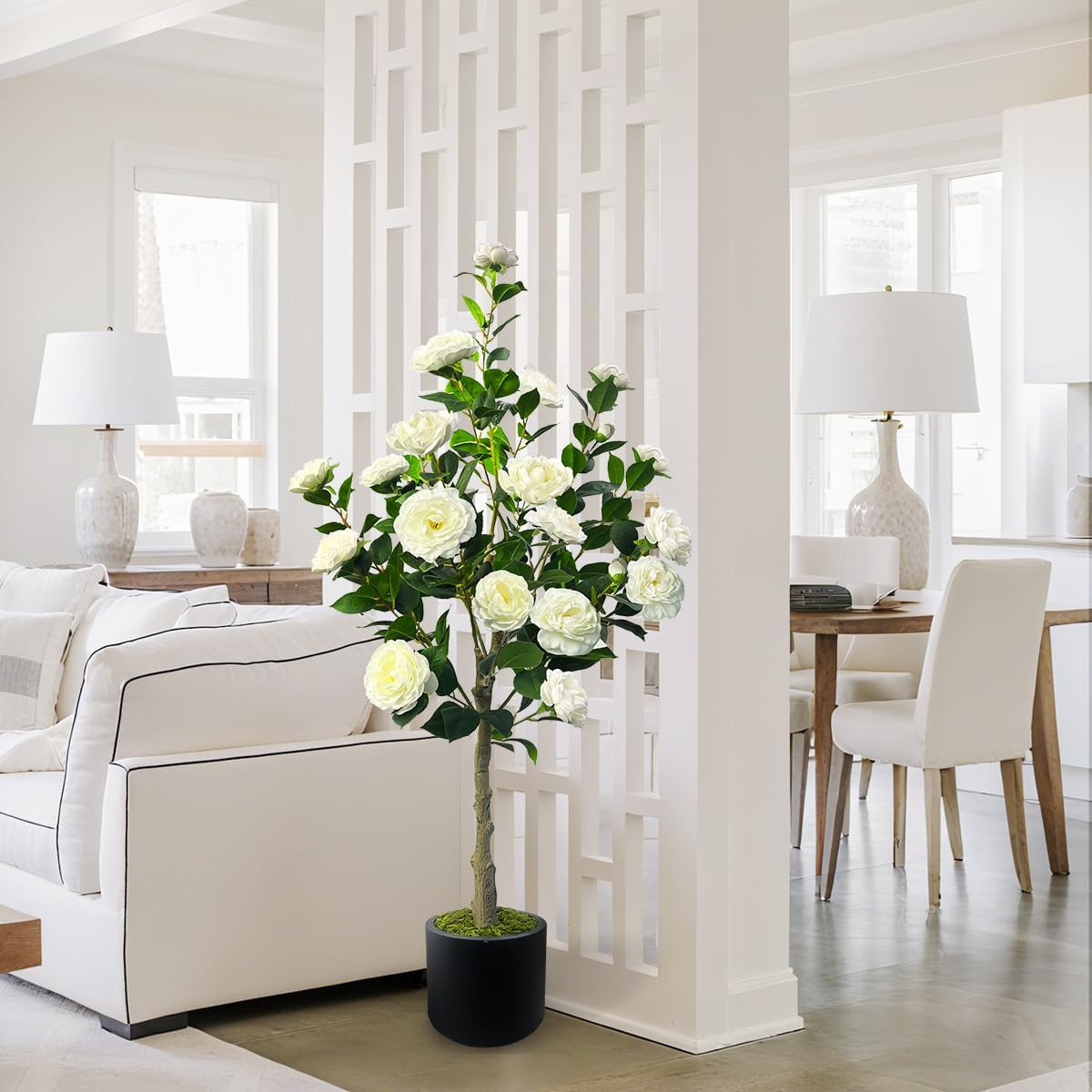 48” Artificial Camellia Tree with White Flower in Pots -2 Pack 4FT Faux Camelli