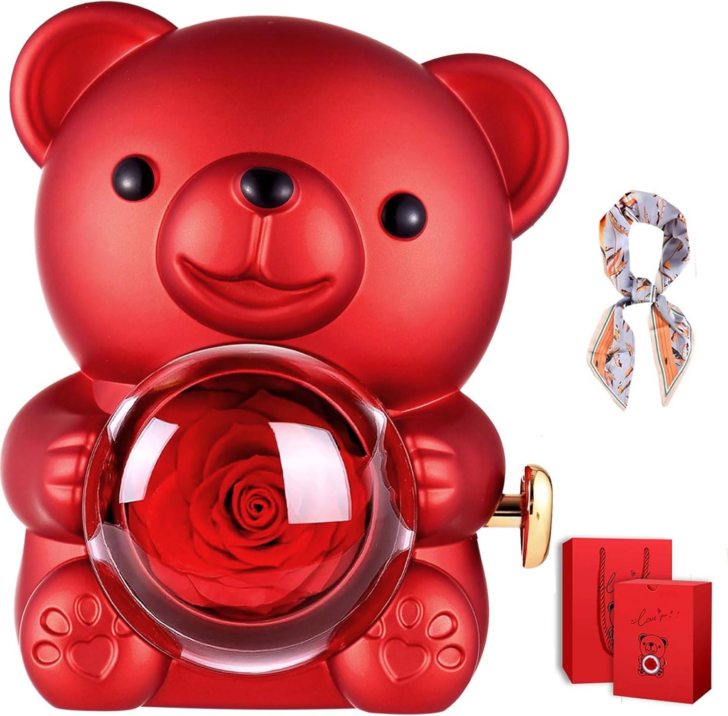 Romantic Hug Teddy Bear with Necklace, Preserved Red Rose, Gift Box for Women