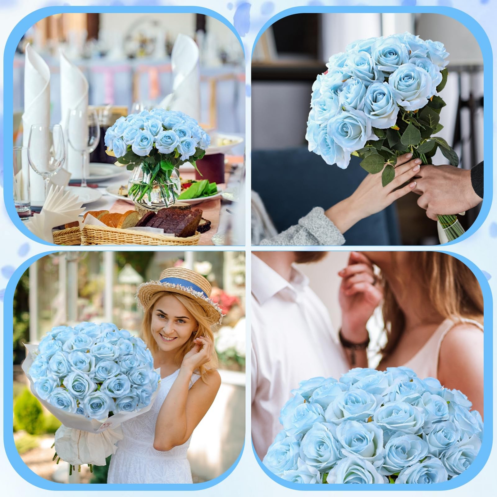 68 Pcs Ice Blue Artificial Roses Fake Flowers,Silk Flowers with Stems for DIY…