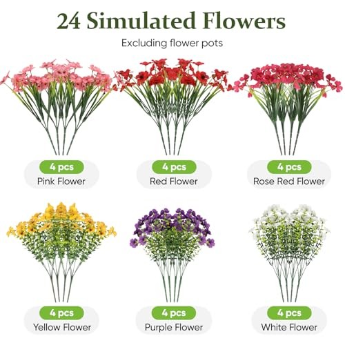 24 Bundles Lifelike Outdoor Artificial Flowers, UV Protected No 6 Color Mix