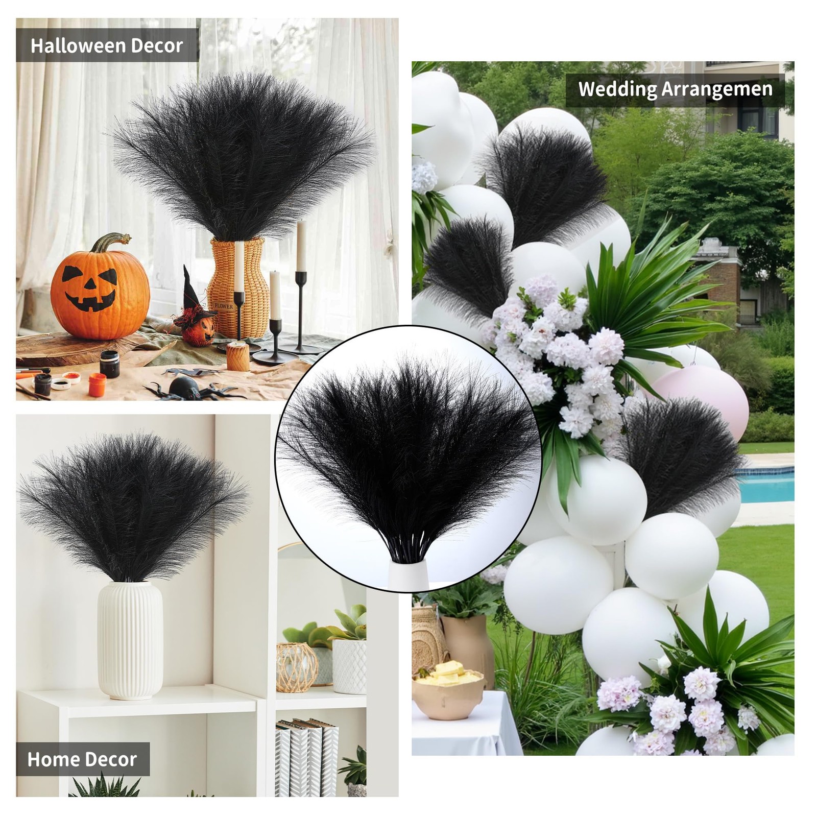 36 PCS Black Pampas Grass 21.6 Inch Faux Artificial Fluffy Flowers Decor