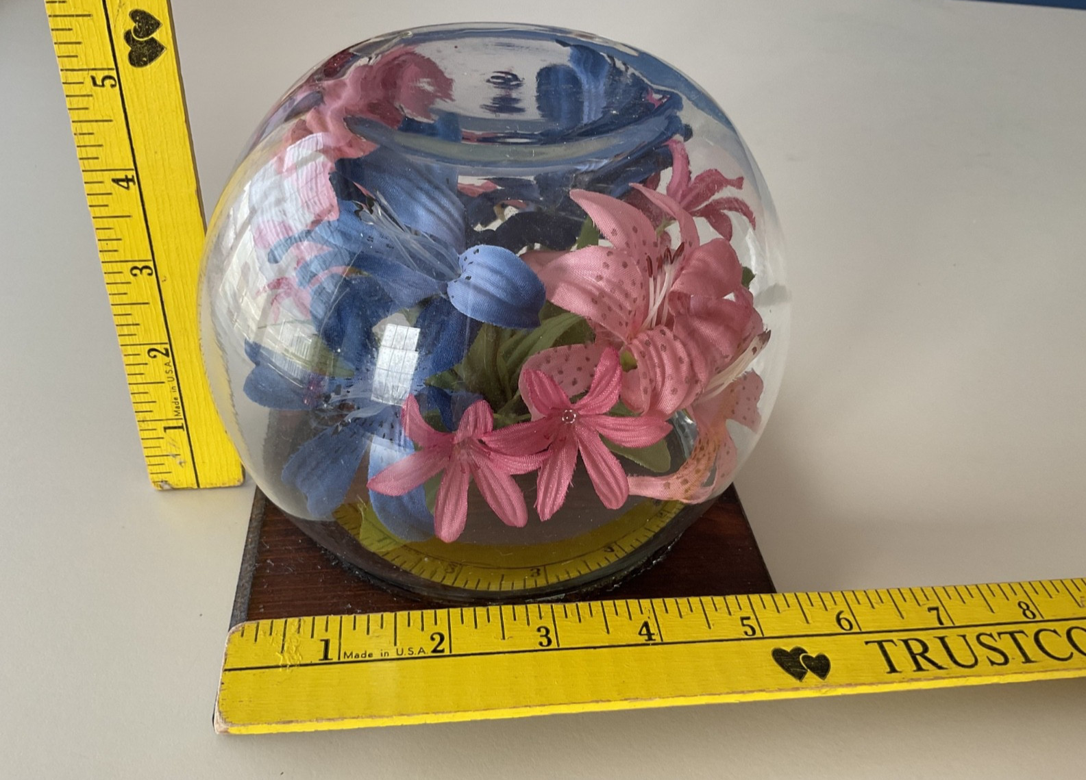 Faux Flowers Clear Dome Cover Wood Base Centerpiece Decor Blue/Pink Floral