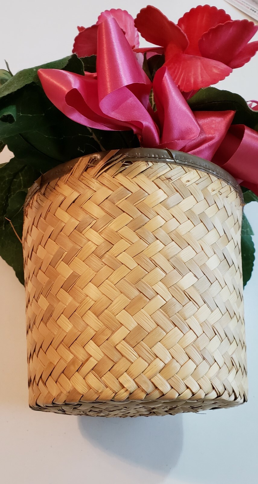 Artificial House Plant in Woven Basket Pink Flower Blooms Floral Decor Unusual