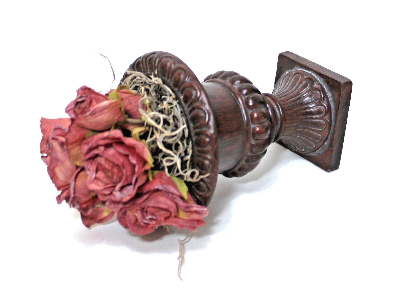 Vintage Urn Planter Brown Vase with Pink Roses Flower Arrangement