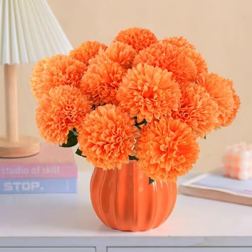 Pcs Artificial Chrysanthemums Flowers Ball Flowers Fake Mums Flowers 12 Orange