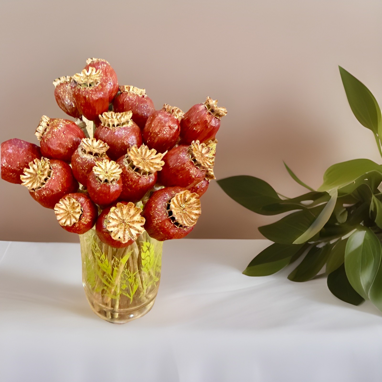 Dried Seed Pods Bouquet Floral Arrangement Centerpiece Decor with VTG GLASS 22