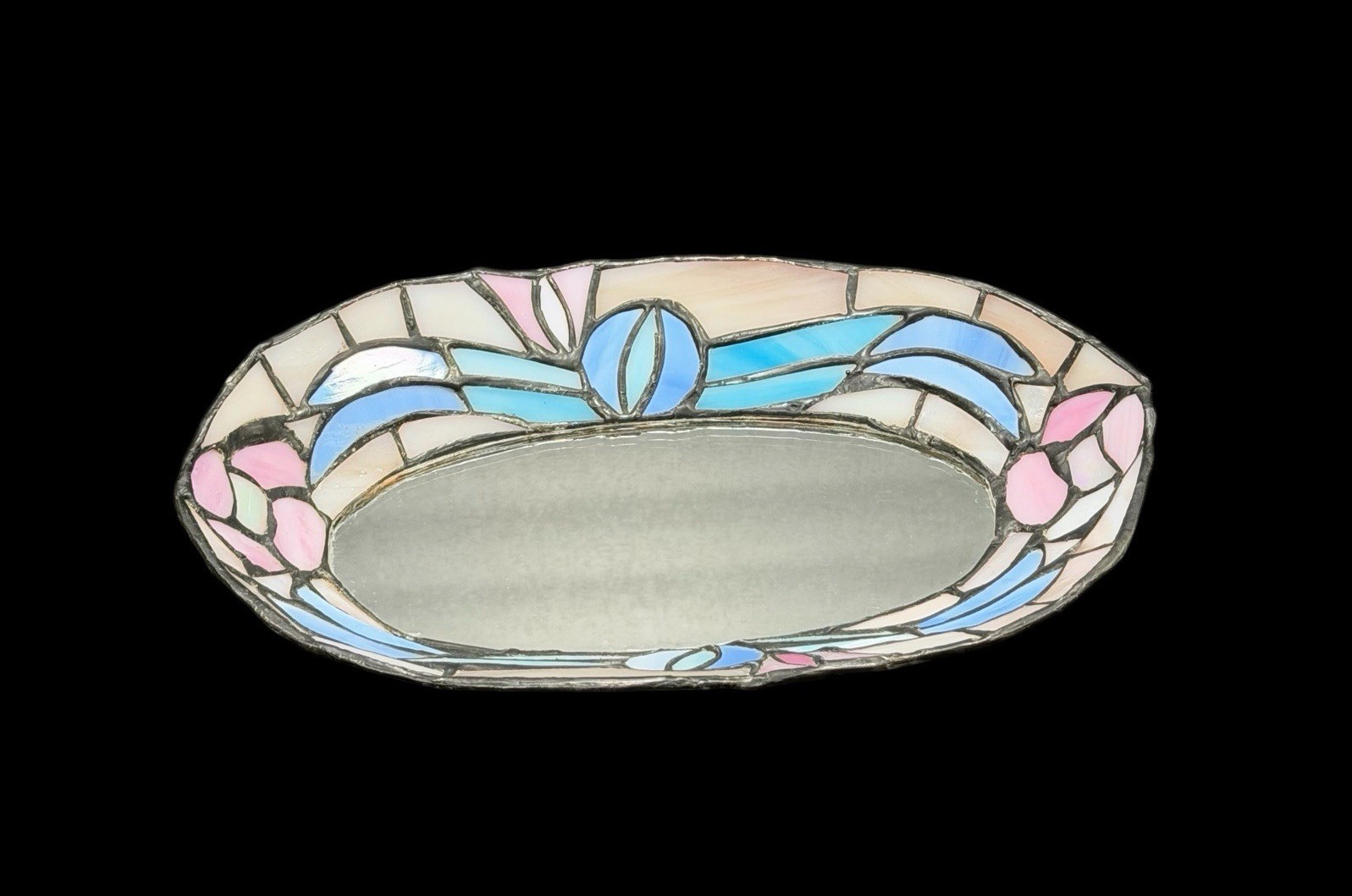 Pastel Stained Glass Style Vanity Mirror Tray Jewelry Dish Art Deco Decor