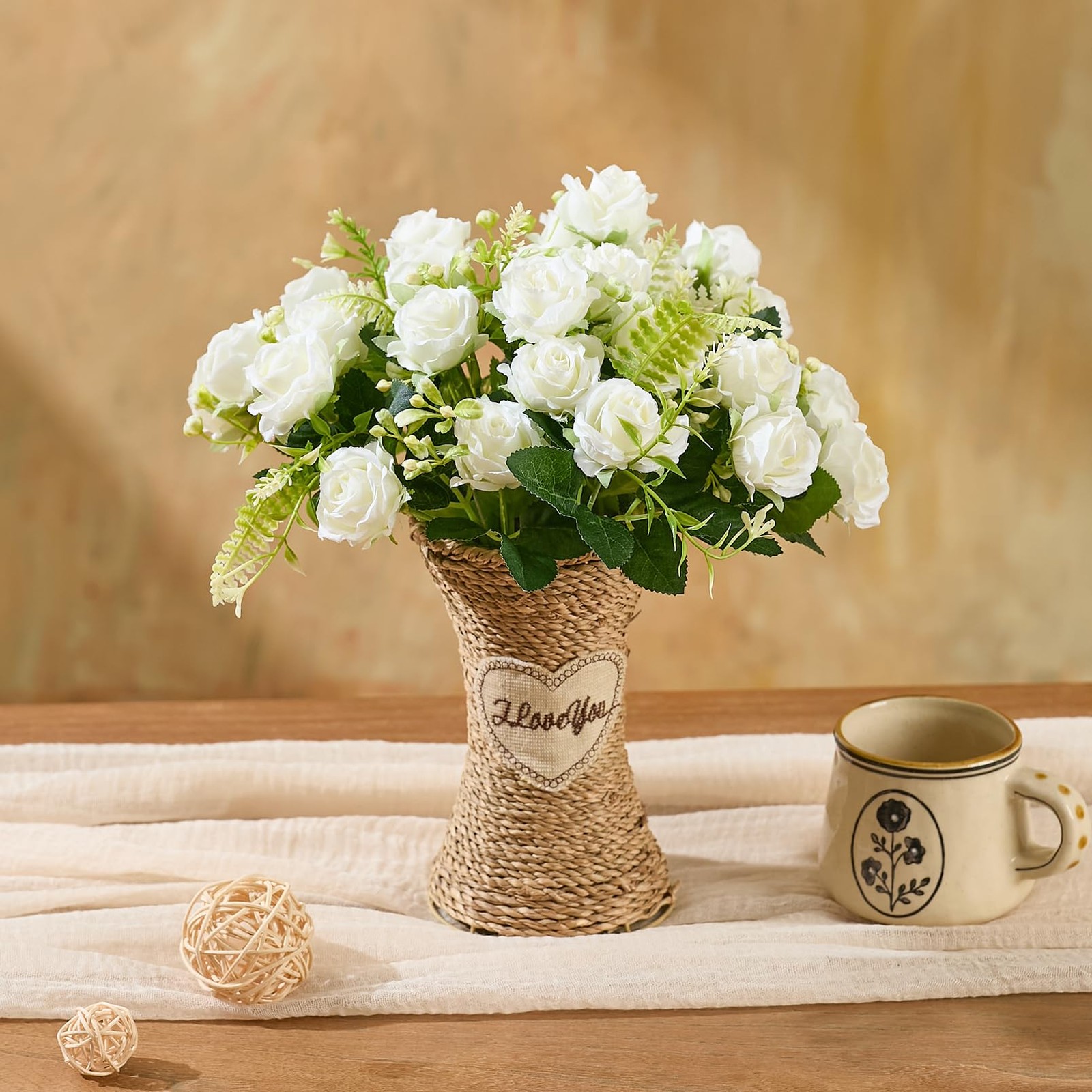 3 Bundles White Roses Artificial Flowers with Vase