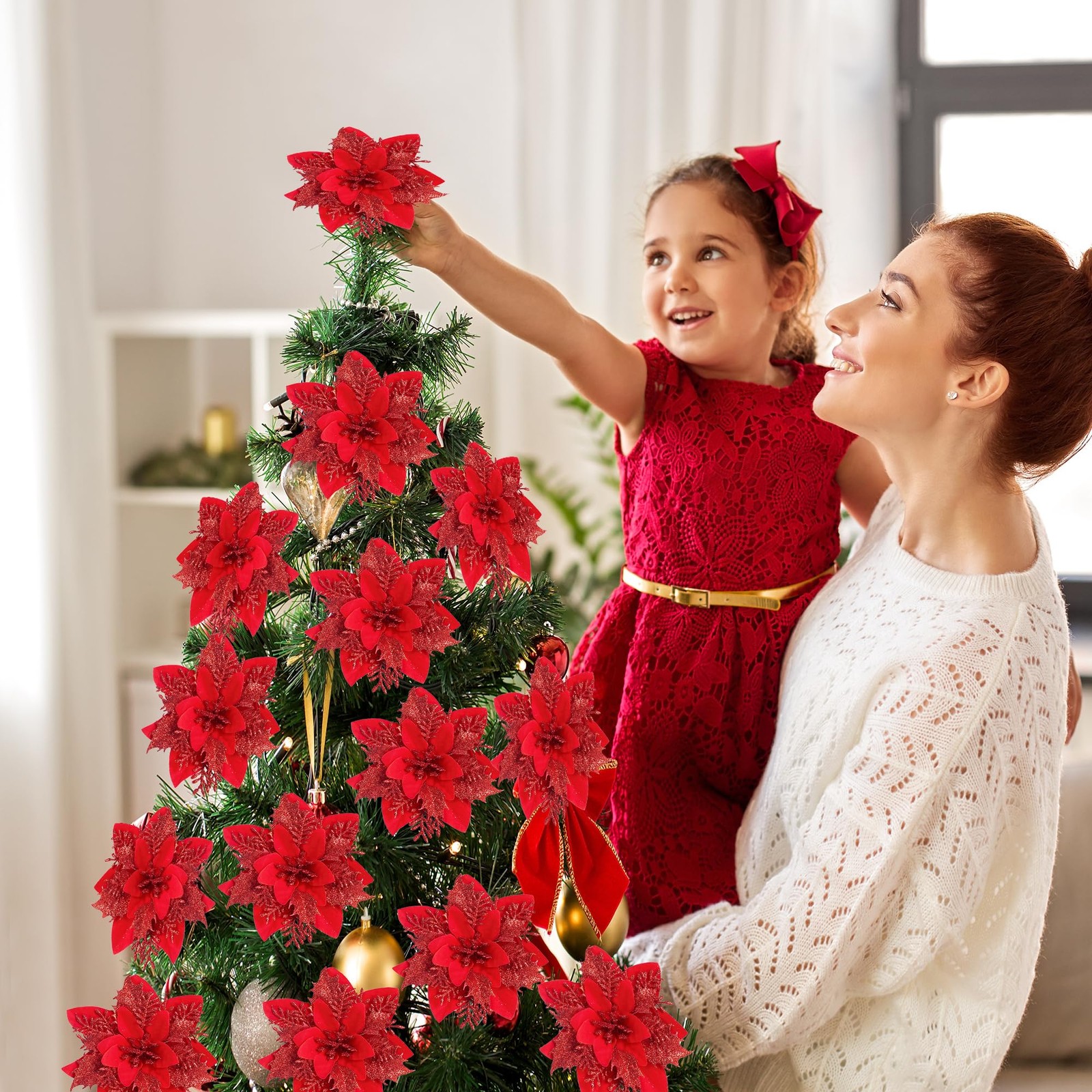 24 PCS Bright Red Christmas Glitter Poinsettia Flowers Tree Ornaments Clips