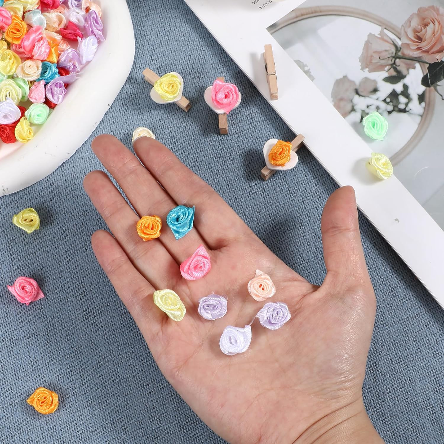 300 Pcs Mini Roses for Crafts, Satin Ribbon Roses, Multicolor Mini Rose Flowers,