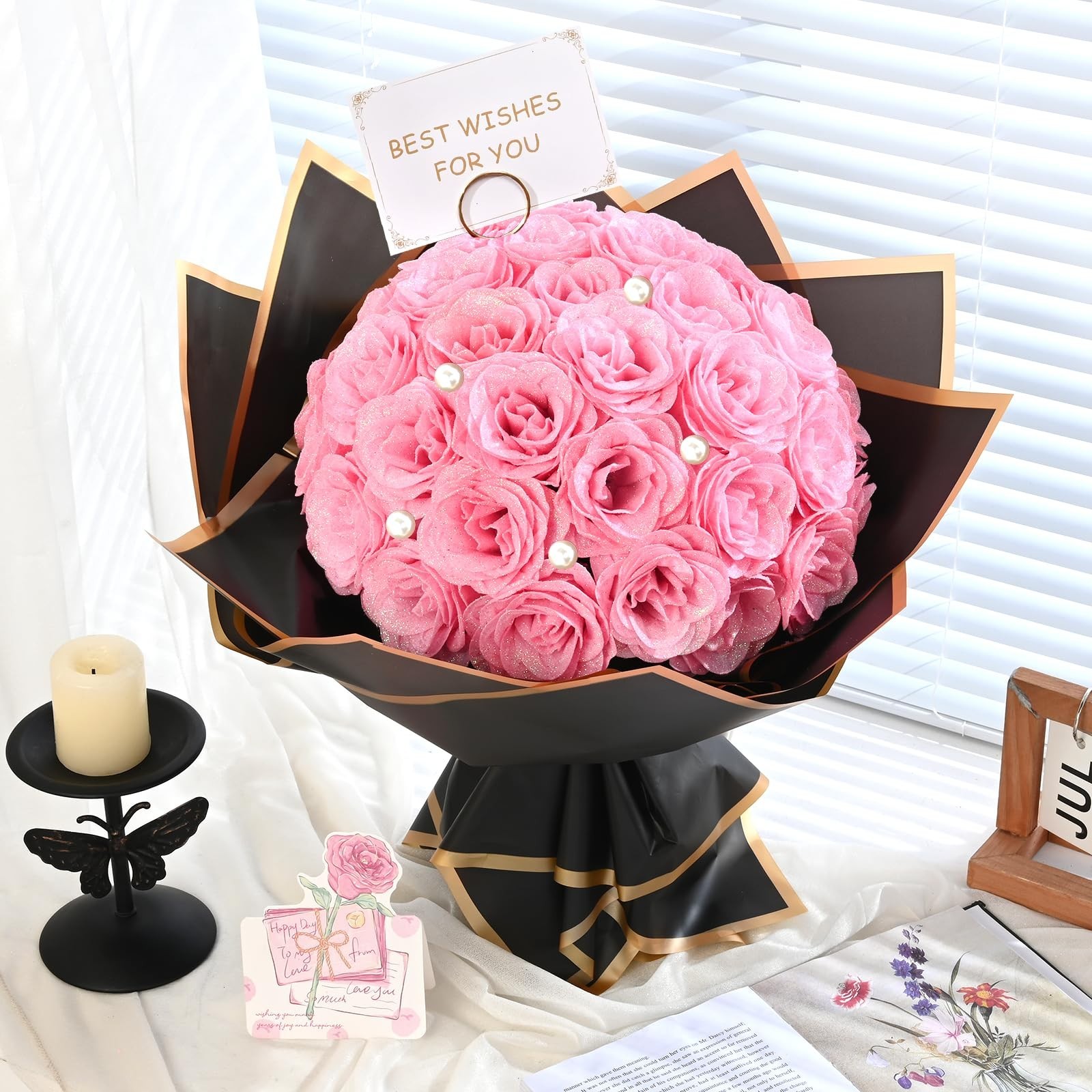 Pink Glitter Roses Bouquet – 24 Artificial Flowers for Wedding, Engagement, Vale