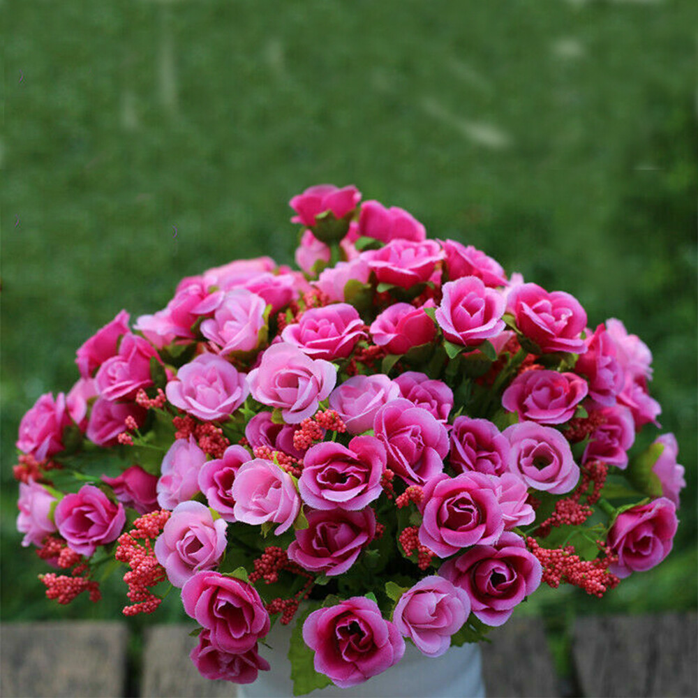 21 Heads Artificial Rose Bud Fake Silk Flowers Bouquet Wedding Party Home Decor