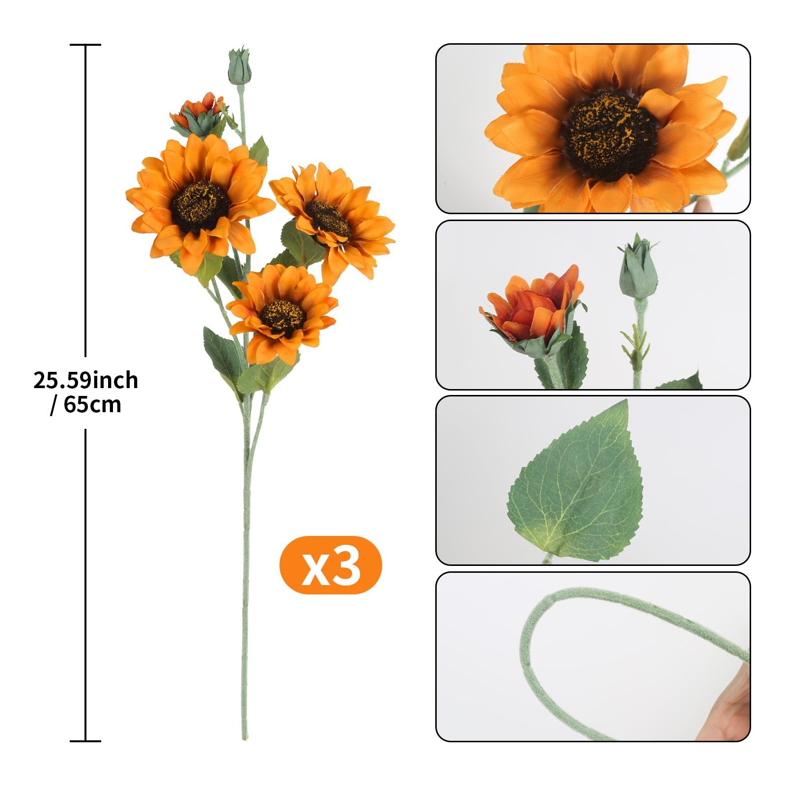 Artificial Sunflower Flowers Orange Faux Sunflowers with Long Stems 3pcs Fake