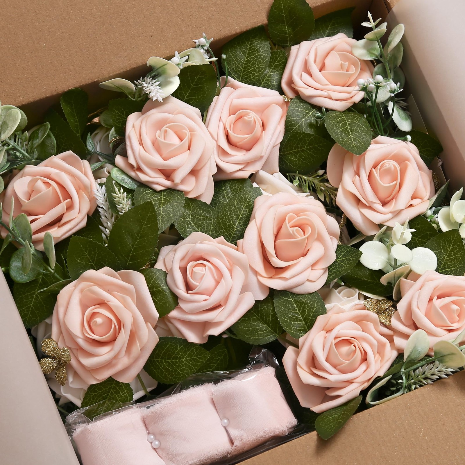 Wedding Aisle Decorations – Set of 10 Pew Flowers – Artificial Roses & Eucaly…