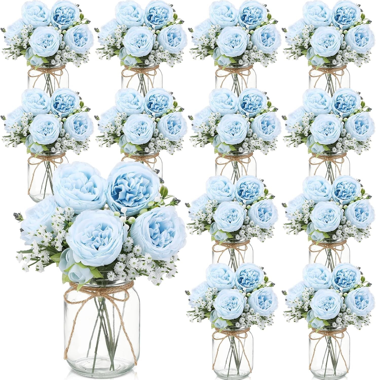 12 Sets Mason Jar Centerpiece Table Decorations Artificial Peony Baby’s Breath