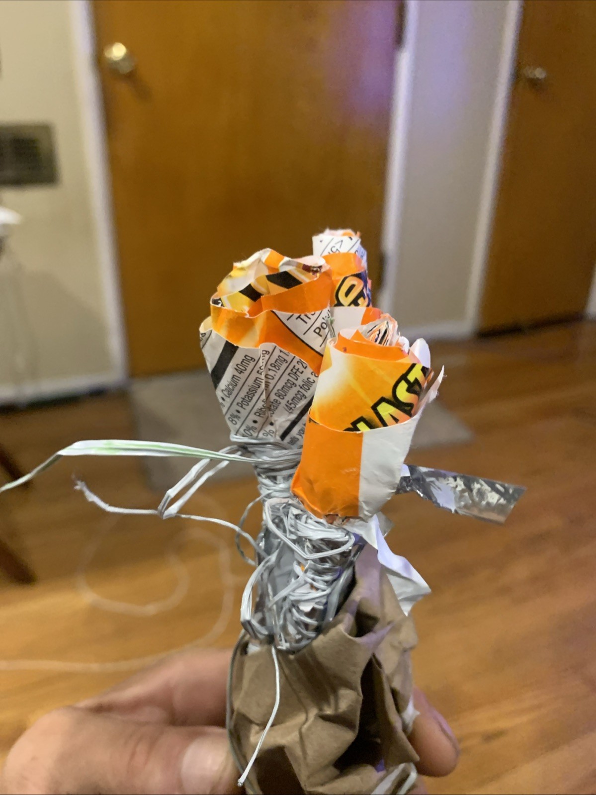 Three Rose Stems w/orange Rose Buds Made From •Gold Fish Snack Cover Wrap W Love