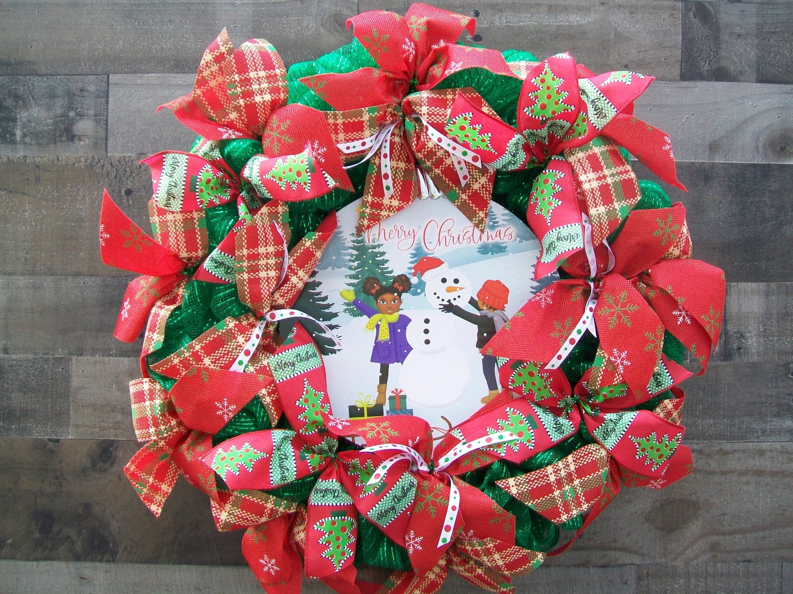 Merry Christmas African American Children Round Plaque Christmas Mesh Wreath