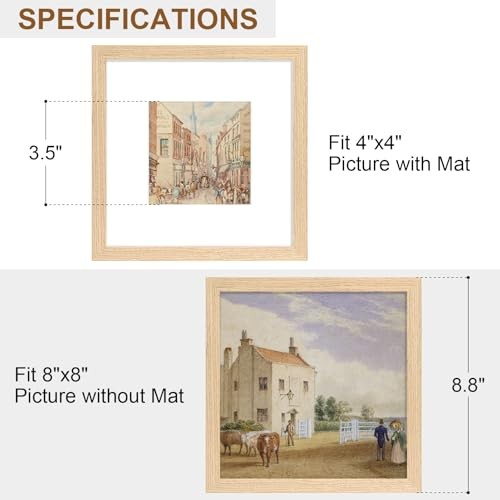 Picture Frame, Solid Wood Frame with Plexiglass, Includes 4×4 Mat, 8×8 Natural