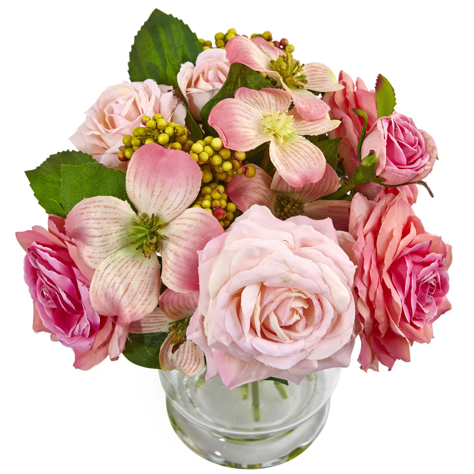 10 Inch Rose and Berry Floral Arrangement Pink Textured Roses Glass Vase