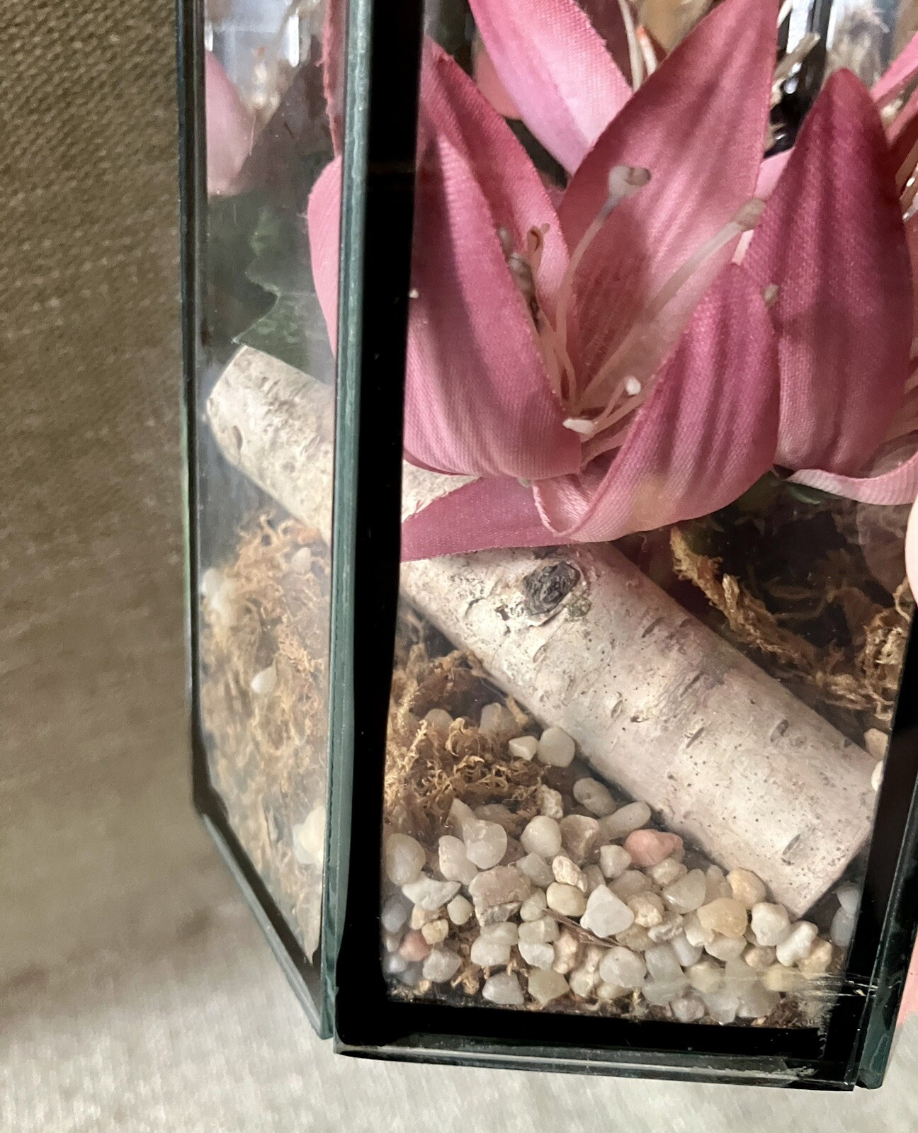 Vtg Geometric Terrarium Faux Pink Lily Glass Polygon On The Rocks Mirror Back