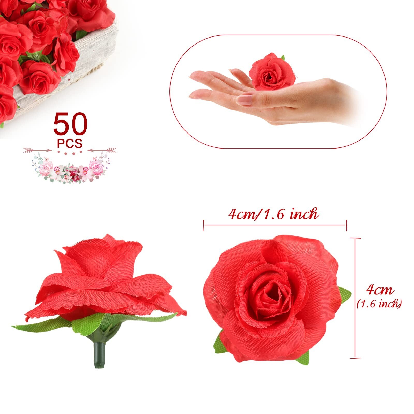 Kesoto 50pcs Red Roses Buds Artificial Flowers Bulk, 1.6″ Small Silk Fake Ros…