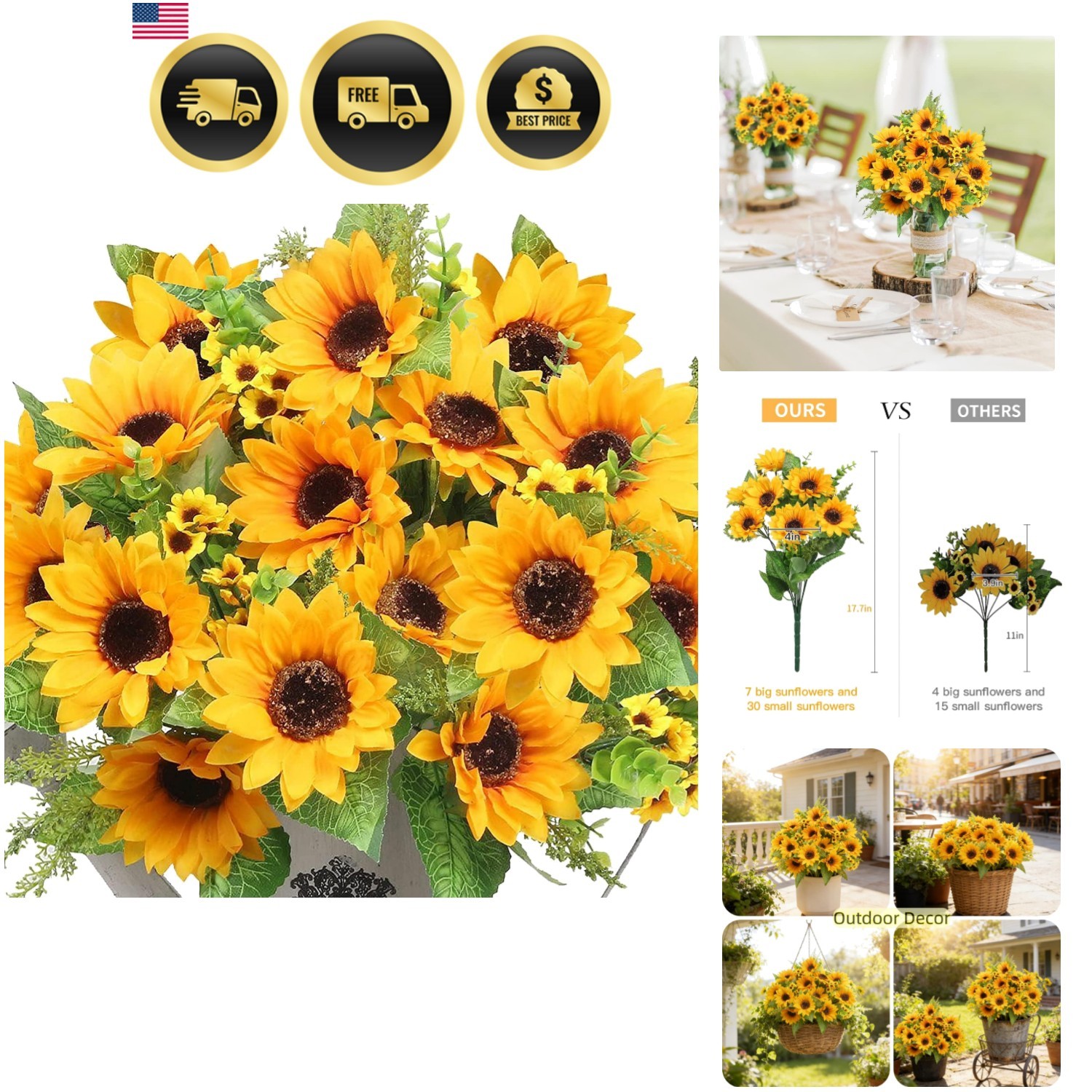 Artificial Sunflowers for Outdoors Fall Decor, 2 Bouquets | Garden, Patio, We…