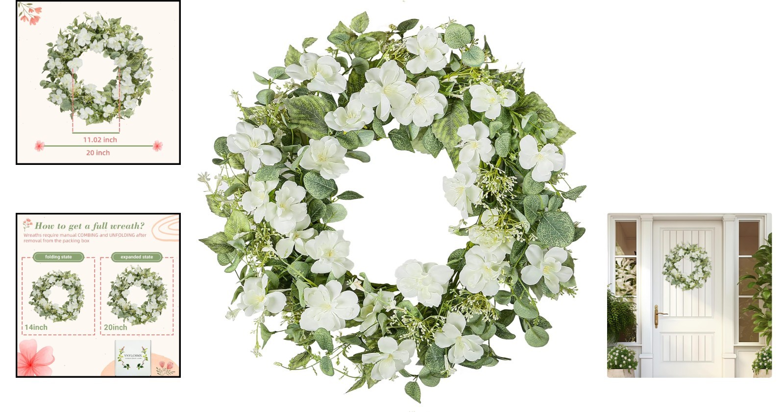 20-Inch Spring & Summer Artificial Floral Wreath with White Roses & Eucalyptus
