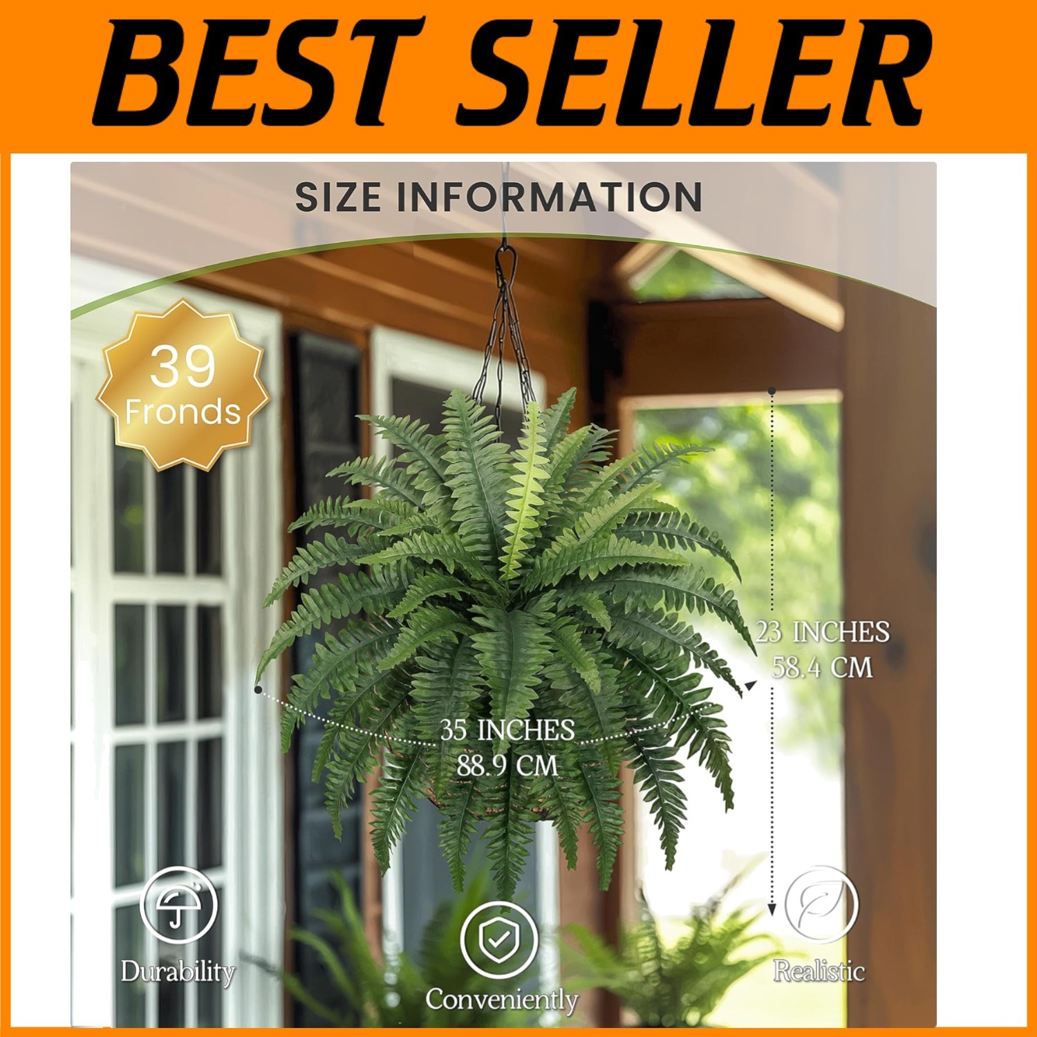 Outdoor Artificial Fern Plants – 35″ Large Bushes, Set of 2