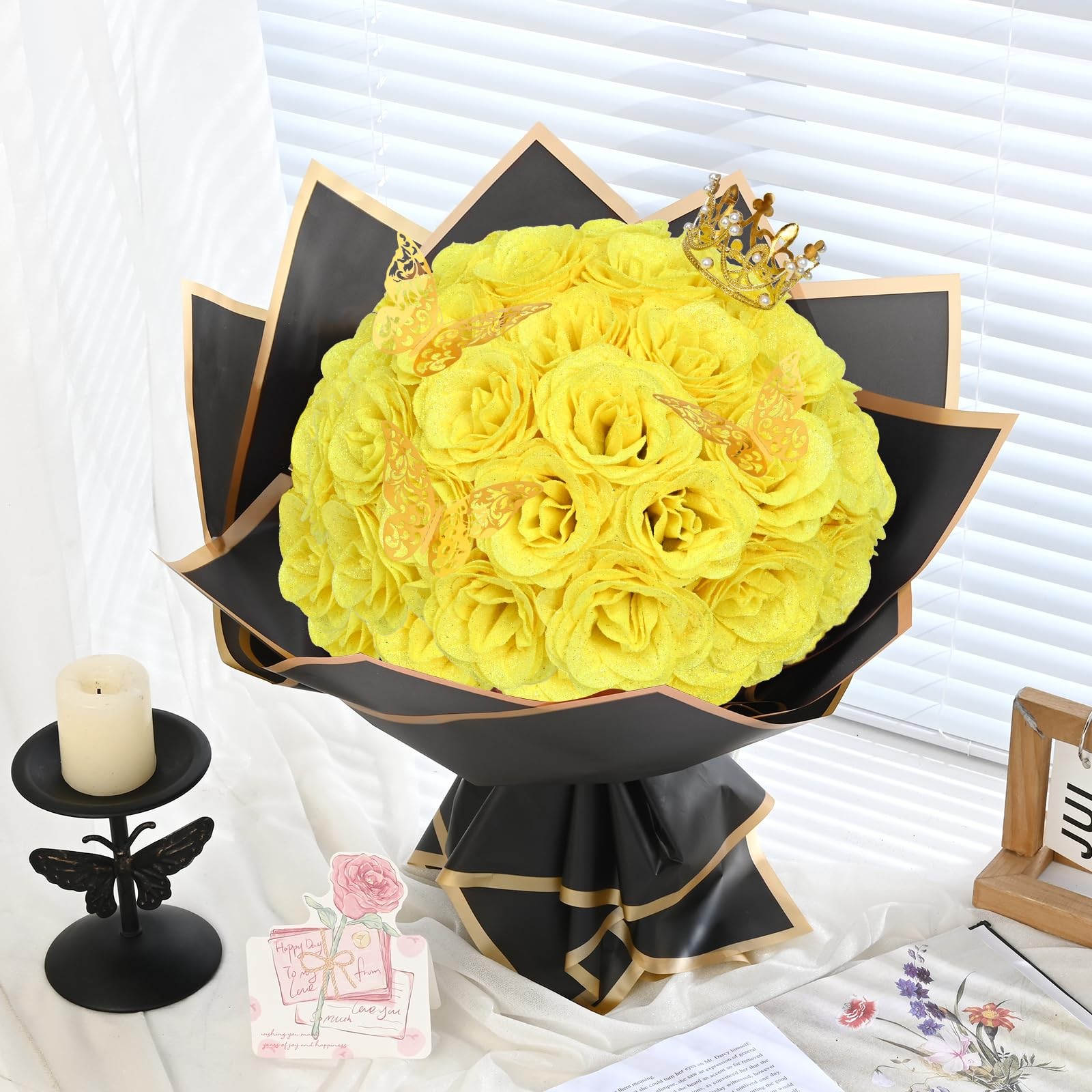 36 PCS DIY Yellow Glitter Roses Bouquet Fake Flowers For Valentines