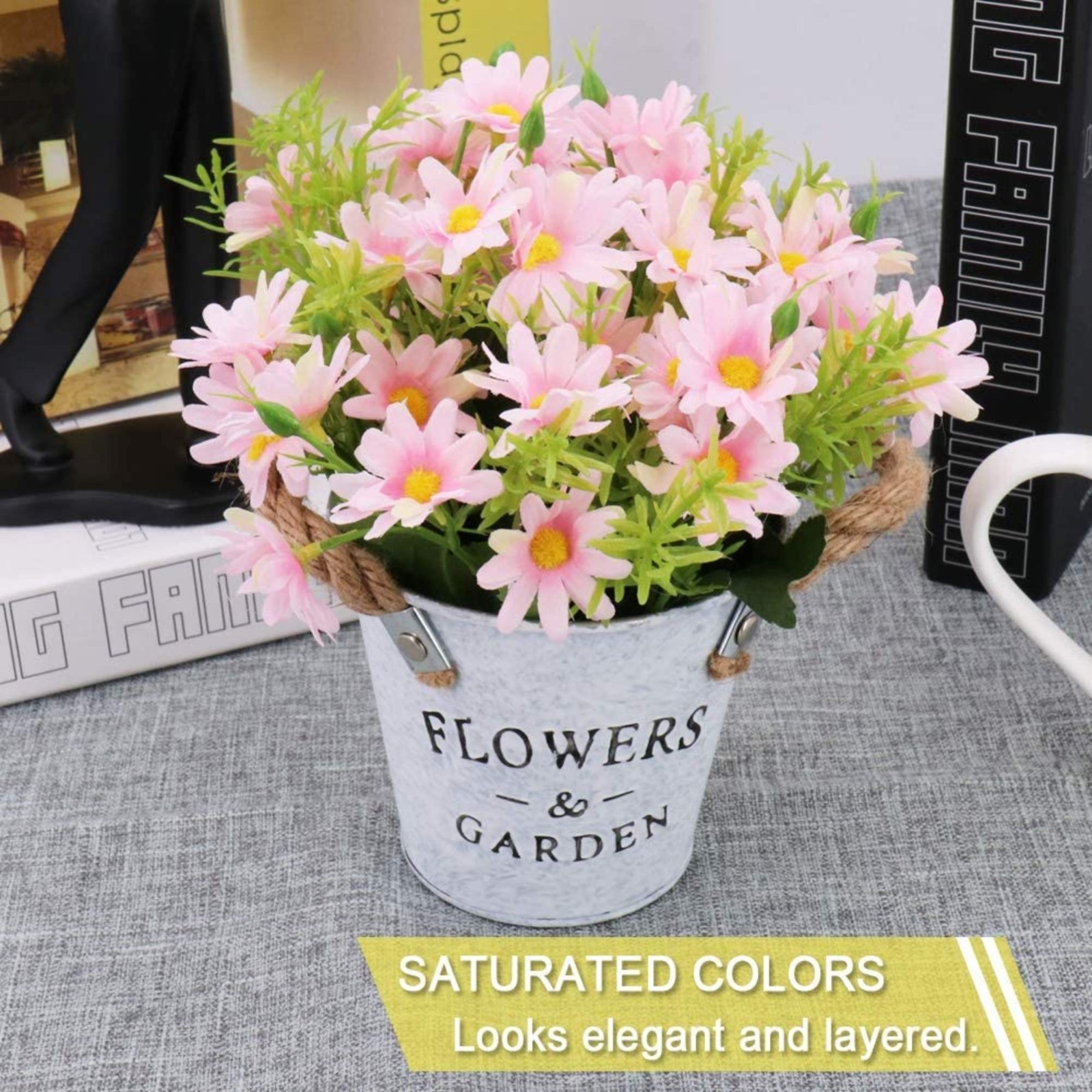 Artificial Daisy Flowers in Metal Pot Fake Pink Daisies Potted Plant Home Decor