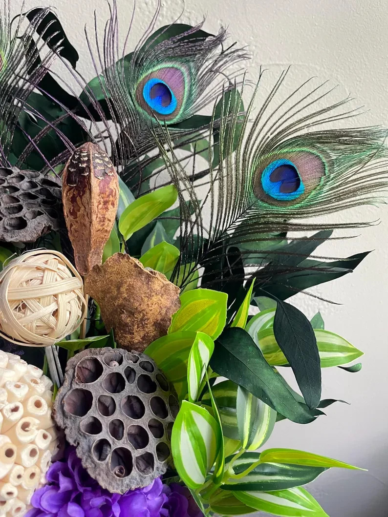 Peacock Centerpiece: Purple & Green Floral Arrangement, Cute Earthy Home Decor