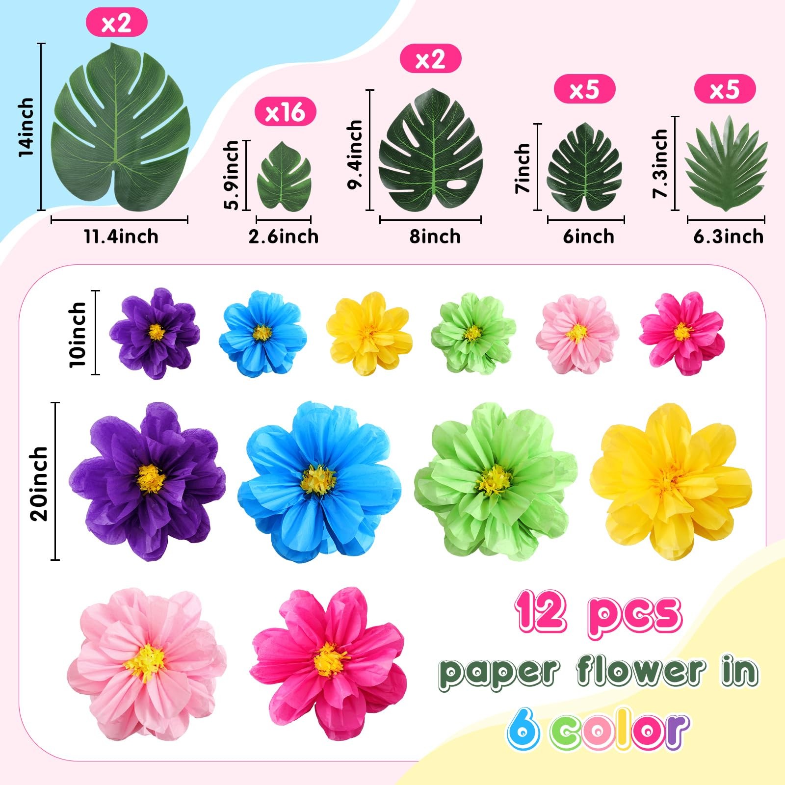 42 Pcs Tissue Paper Flowers Faux Palm Leaves Set 12 Pcs 20”/10” Colorful Gi…