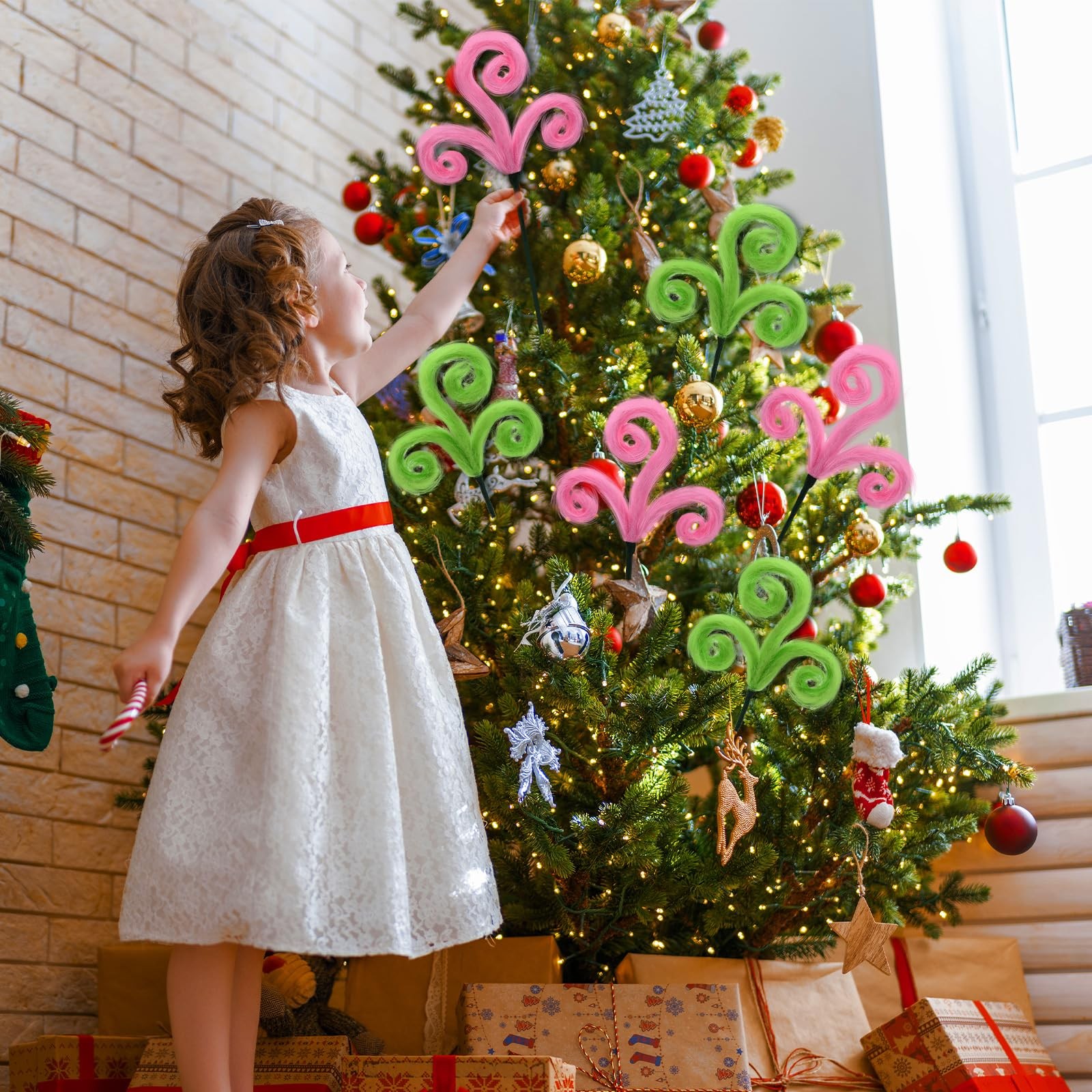 6 PCS Pink Green Furry Christmas Tree Picks Spiral Curly Elf Branches Decor