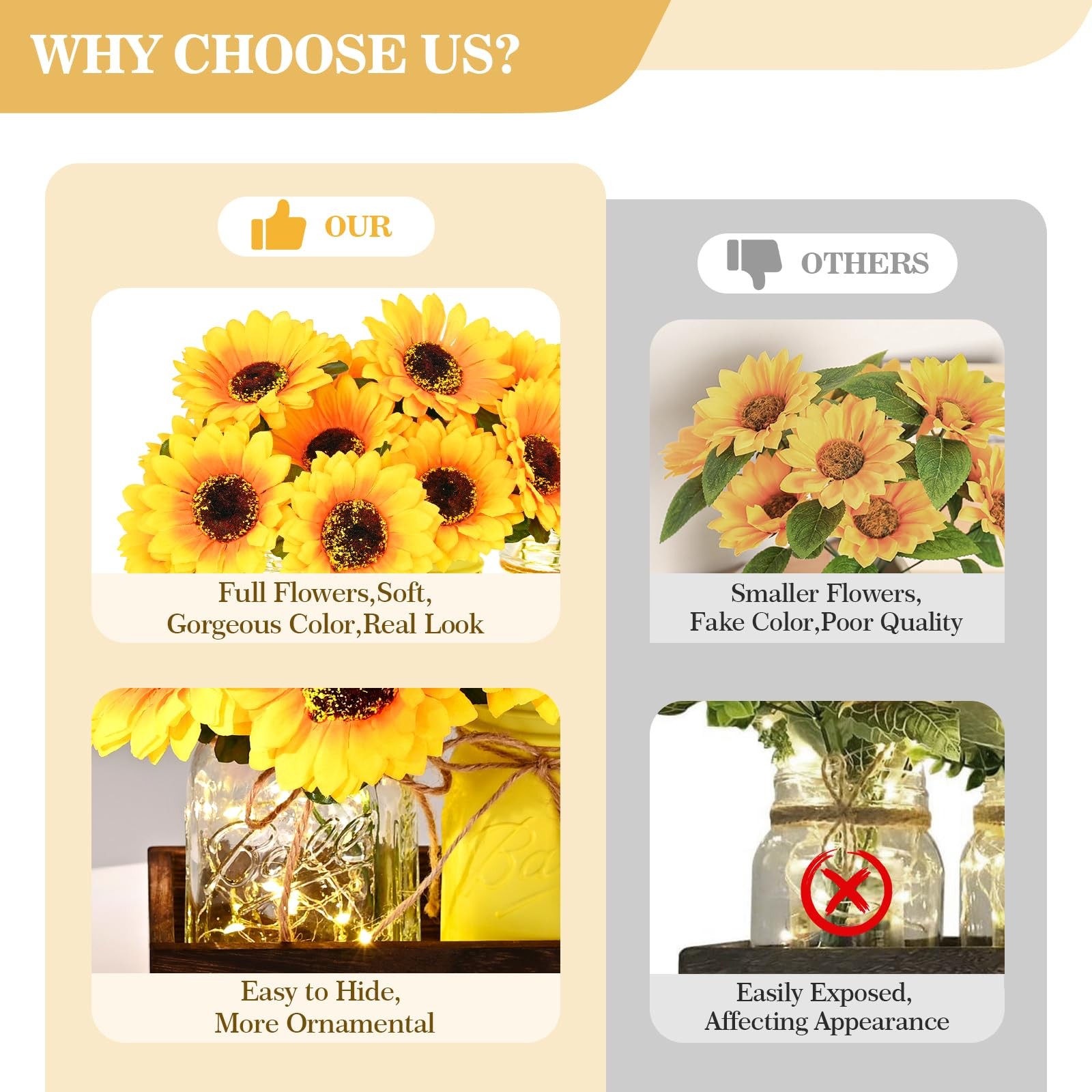 Centerpiece Table Decorations – 3Pcs Sunflowers Artificial Flowers in Mason Jars