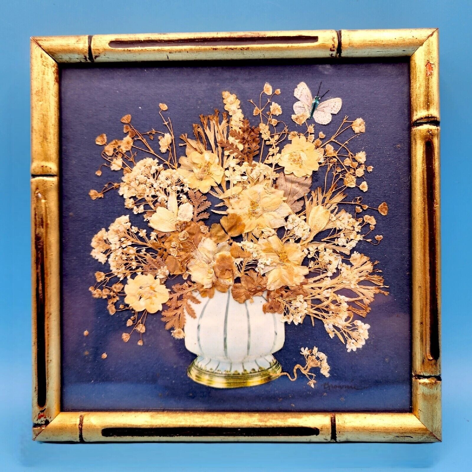 Garden Flowers of Summertime Pressed Flower Botanical Art Faux Bamboo Frame v2