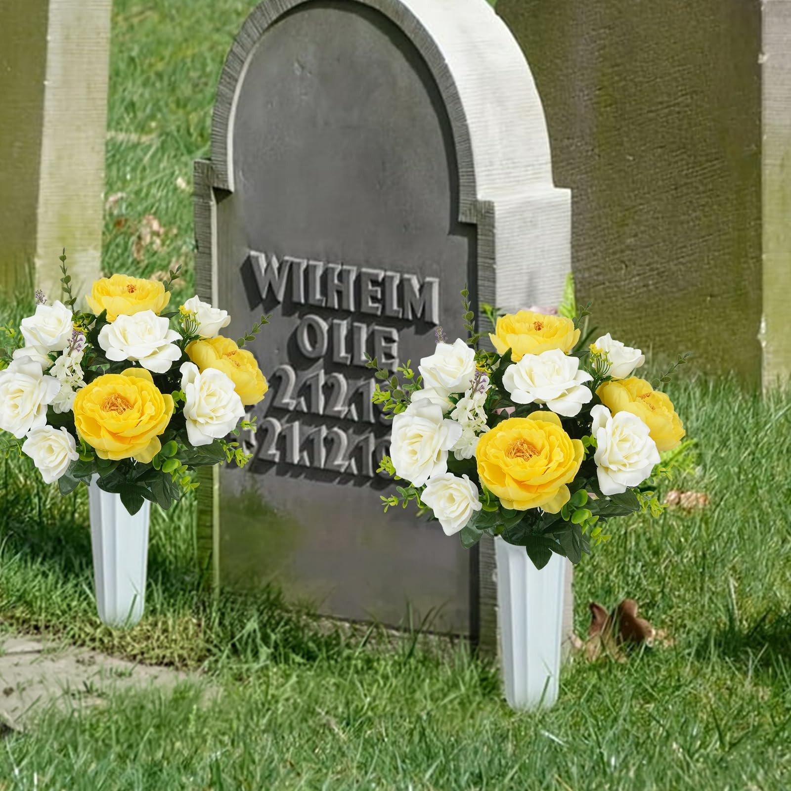 2 Bunches Spring Cemetery Flowers for Grave Yellow Roses Artificial Flowers 1…