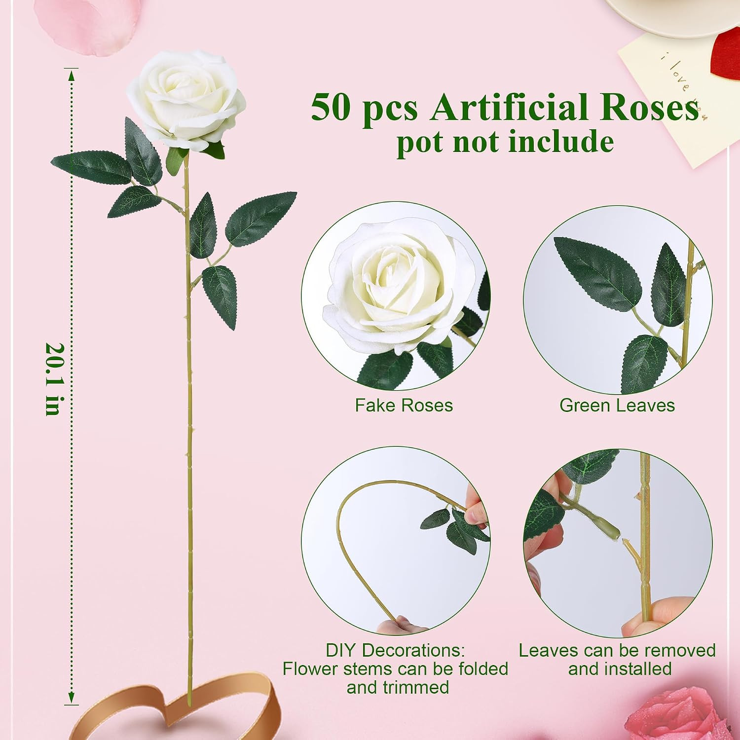 50 PCS Ivory Roses Artificial Flowers, Fake Roses with Stem Realistic Silk Roses