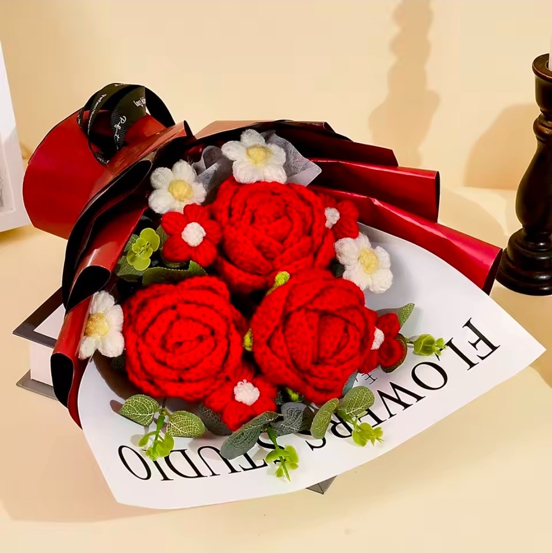 Handmade Crochet Red Rose Flowers Bouquet, Crochet Flower Bouquets for Mother’s