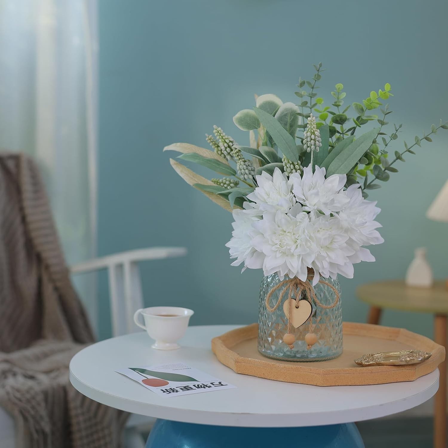 Beautiful Faux Dahlia and Eucalyptus Flowers in Vase – 14.5