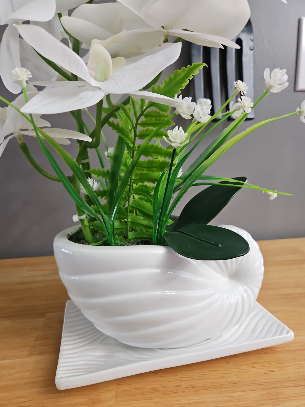Artificial White Orchid Floral Arrangement in White Ceramic Pot Artificial Soil