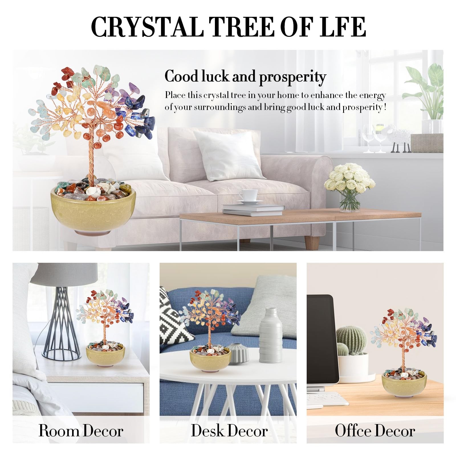 7 Chakra Crystal Tree with Ceramic Base,Natural Gemstone Feng Shui Money Tree…
