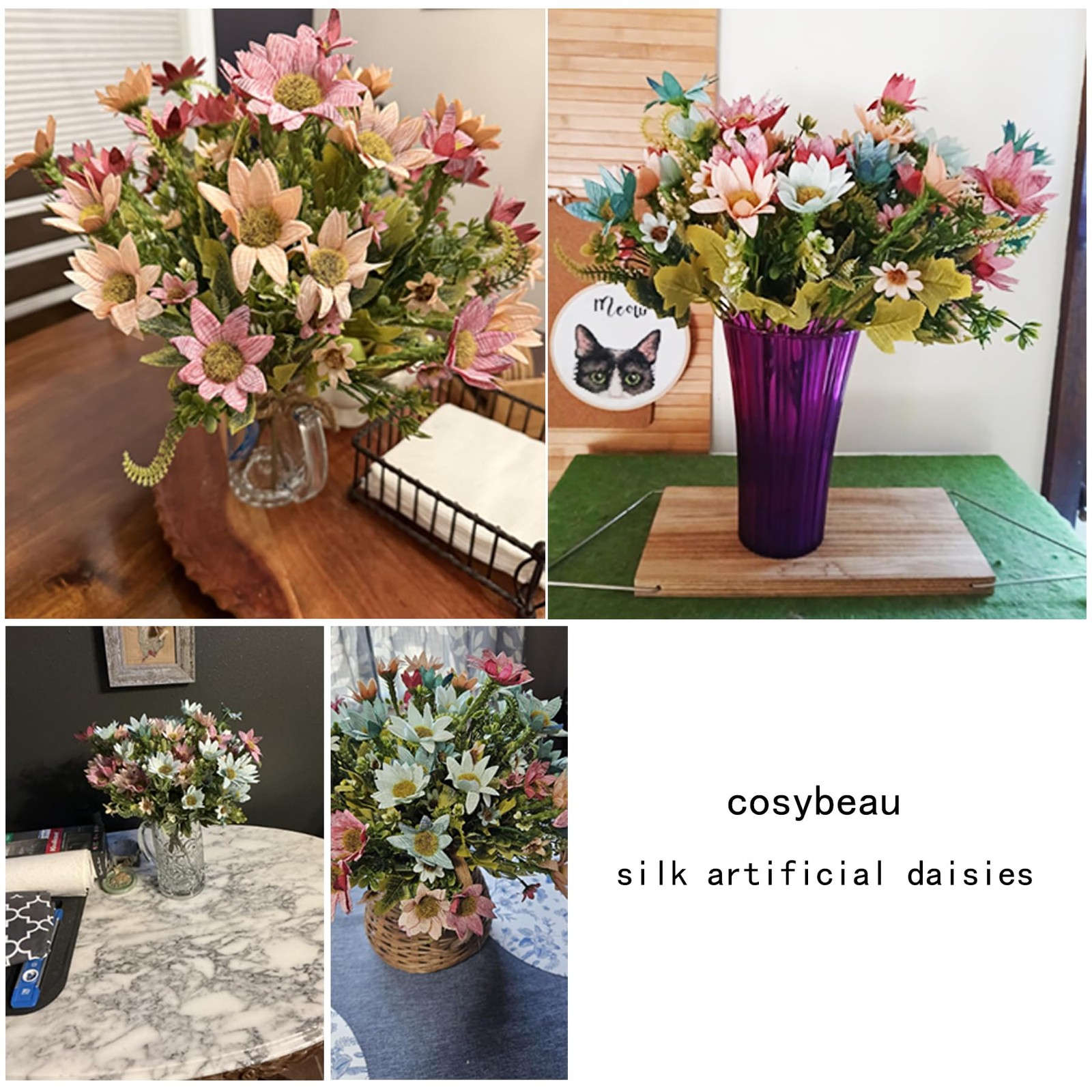 4 PCS Pink Artificial Daisies Wildflower Fake Silk Flowers Bouquet Home Decor