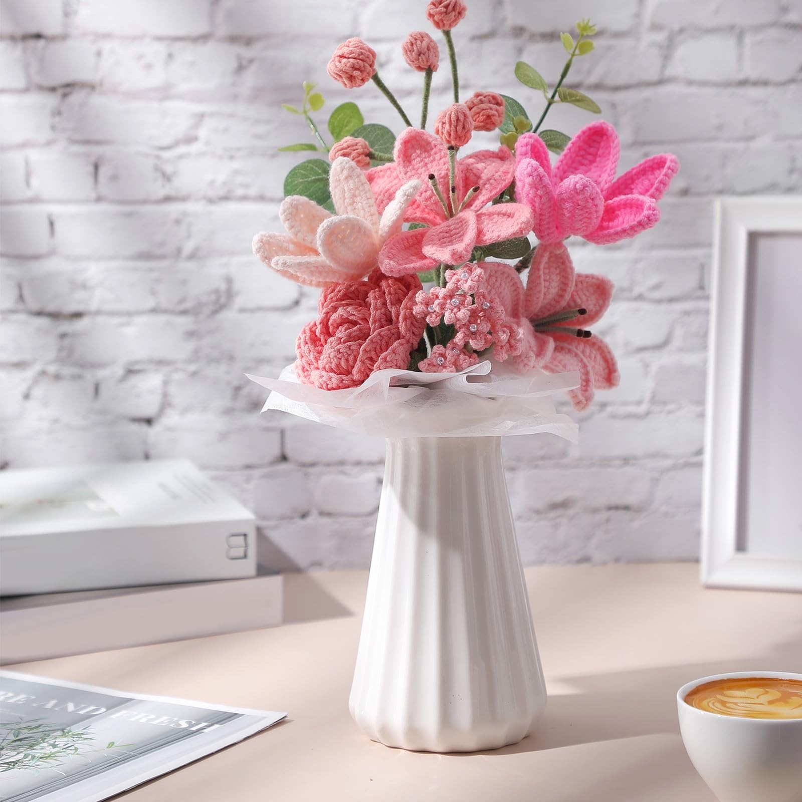 Handmade Crochet Flower Bouquet – Knitted Lily Tulips Rose Gift for Graduation,