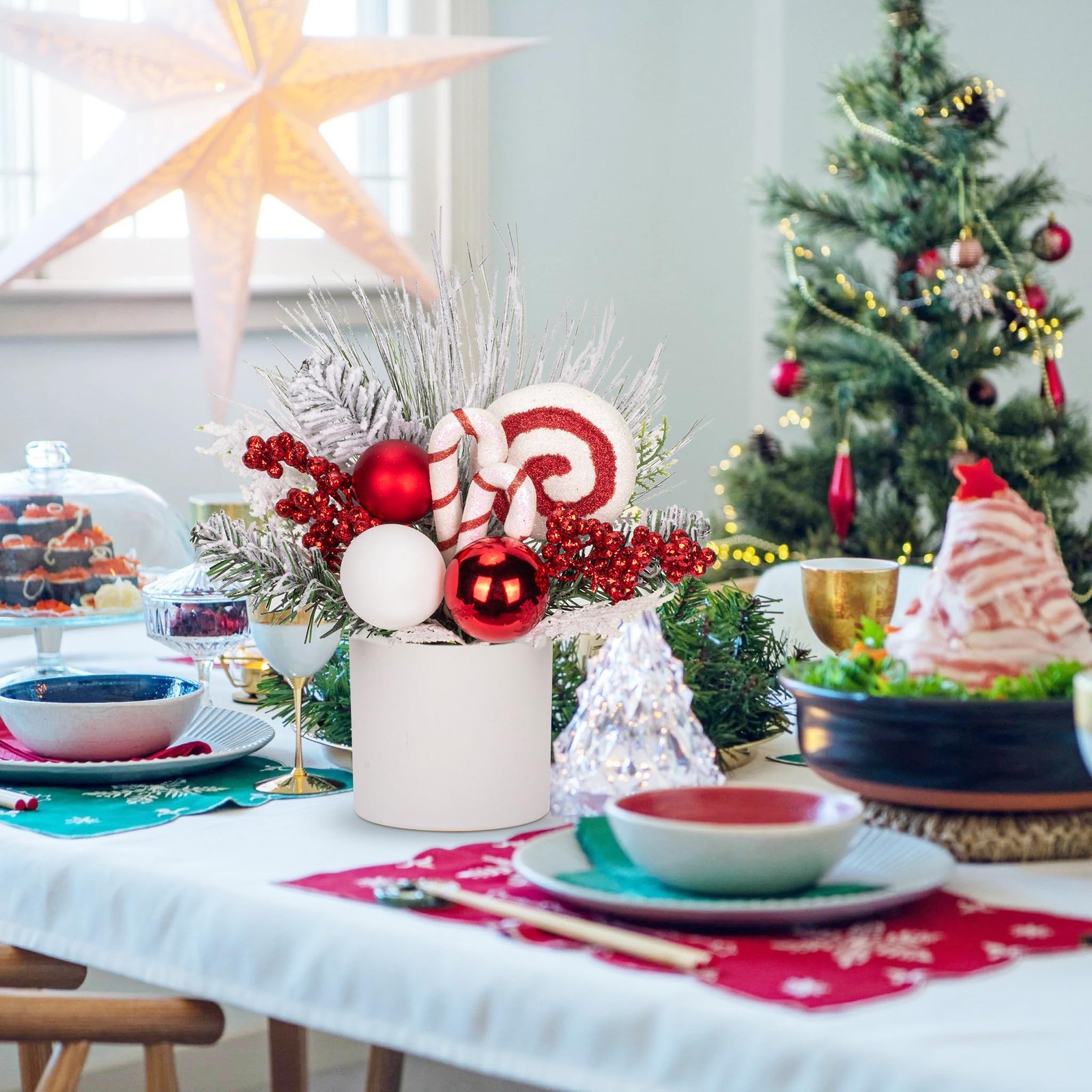 Small Tabletop Artificial Christmas Tree Potted Plant Berries Ornaments 12″
