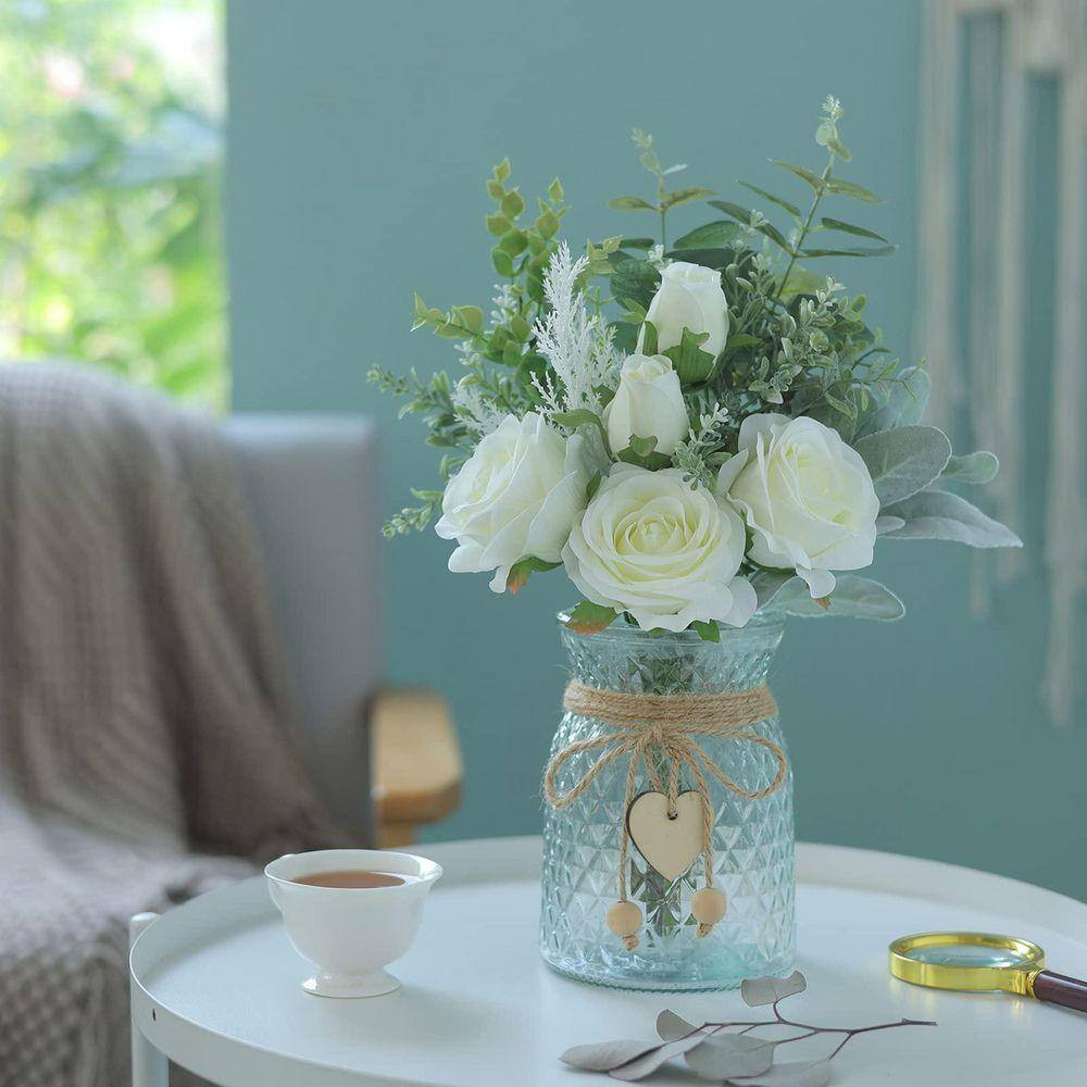 Faux Flowers with Vase 14.5 In. White Artificial Silk Roses Eucalyptus Flower Ar