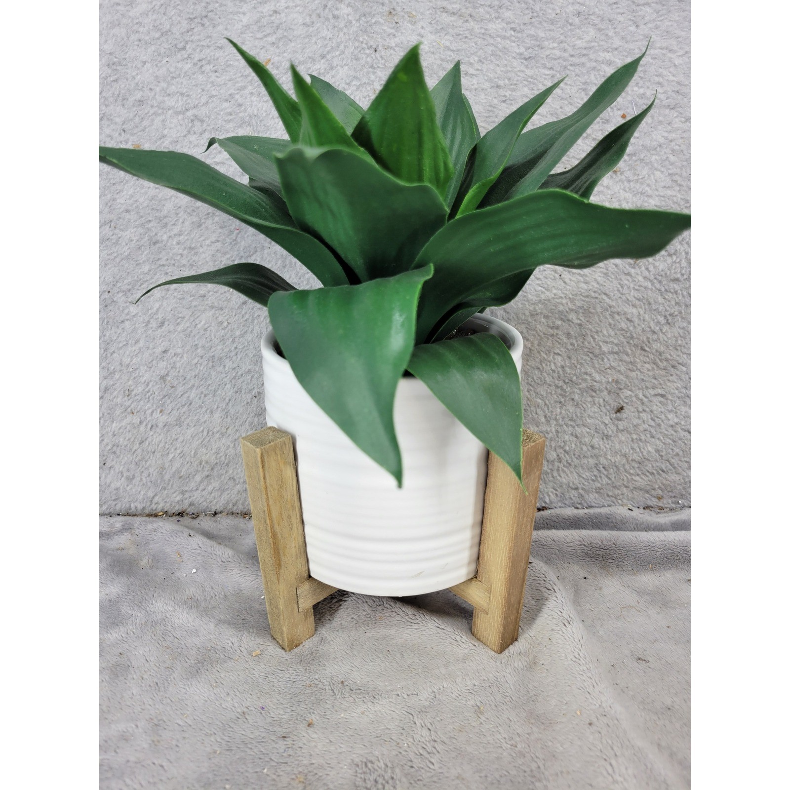 Artificial Snake Plant in White Ceramic Pot with Wood Stand Faux Green Leaves