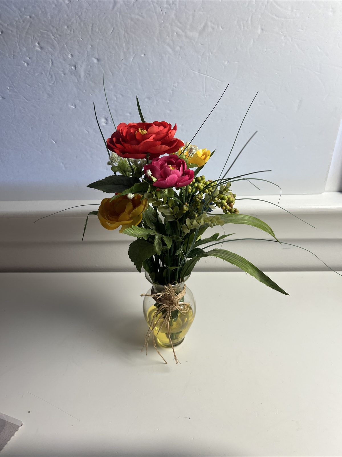 Artificial 13” Tall Flowers in Clear Glass Vase Liquid Illusion